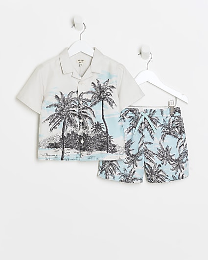 Mini boys ecru palm tree shirt and shorts set