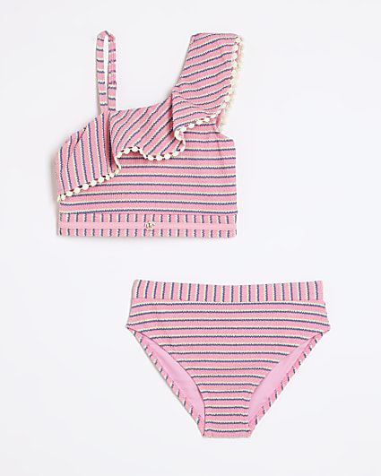 Girls pink striped frill bikini set