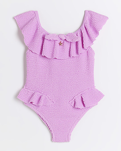 Mini girls purple textured frill swimsuit