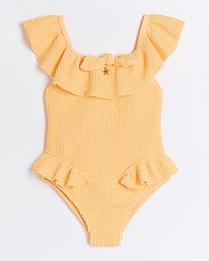 Mini girls orange textured frill swimsuit