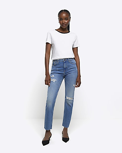 Blue high waisted slim fit ripped jeans
