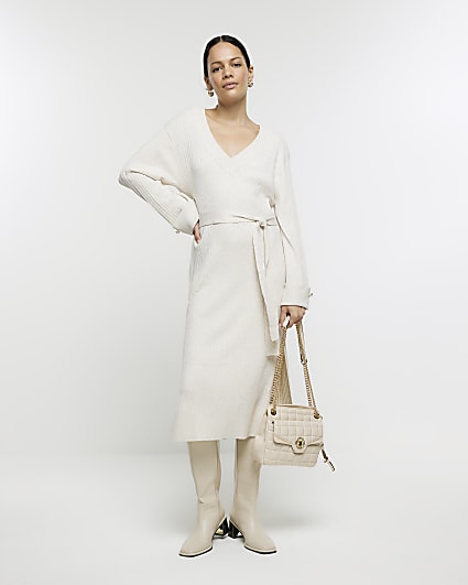 Cream knitted belted jumper midi dress