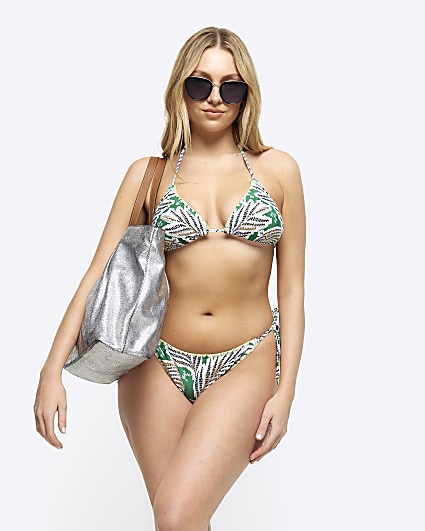 Green leaf print triangle bikini top