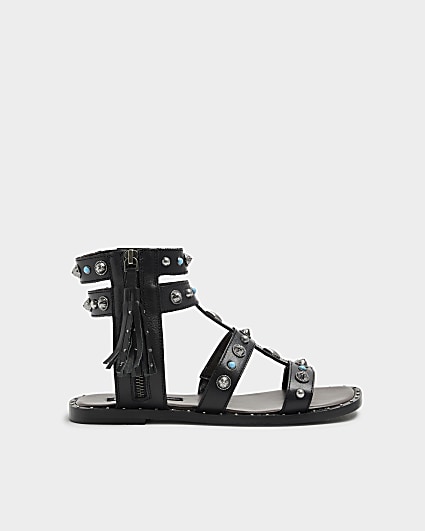 Black Leather Studded Gladiator Sandals