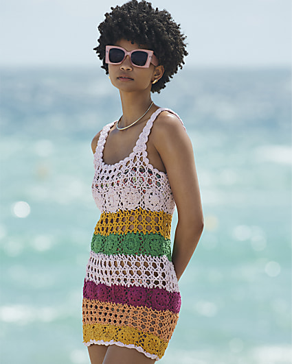 Pink crochet stripe beach mini dress