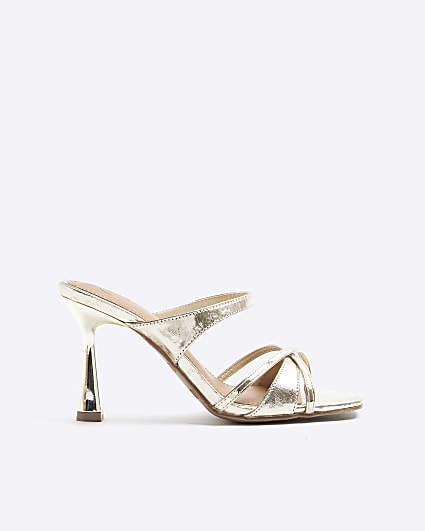 Gold cross strap heeled mule sandals