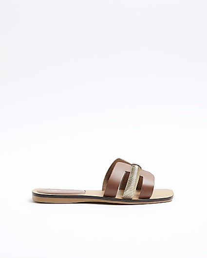 Brown Wide Fit Leather Flat Sandals
