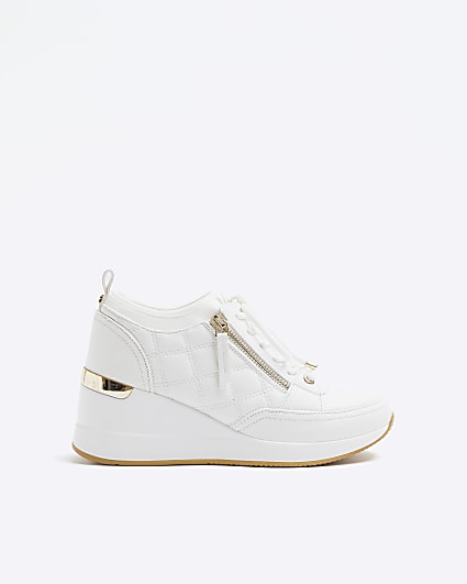 Wide Fit White Quilted Zip Wedge Trainer