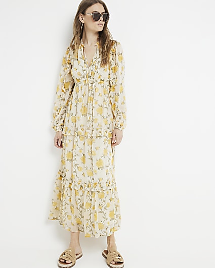 Yellow floral tiered swing maxi dress