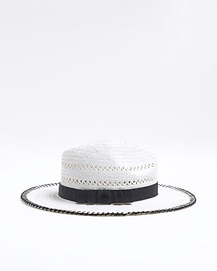 White stitch straw fedora hat