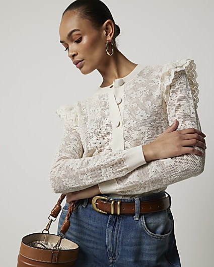 Beige floral lace frill cardigan