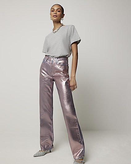 Pink metallic stove pipe straight jeans