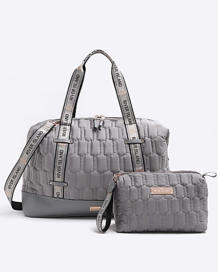 Grey quilted travel and makeup bag bundle