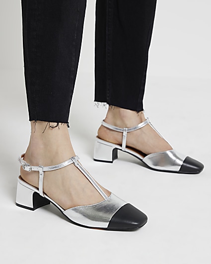 Silver block heeled court shoes