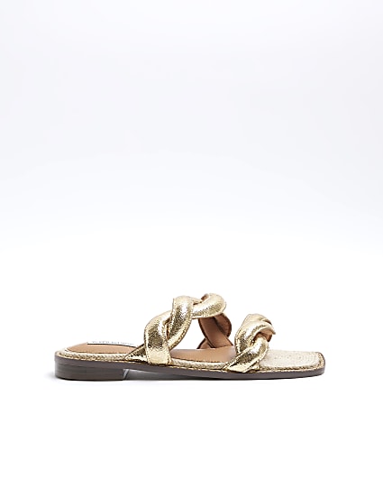 Gold Twisted Strap Mule Sandals