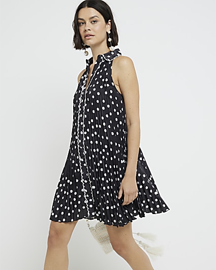 Black plisse spot sleeveless mini shirt dress