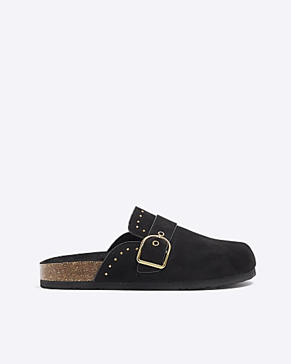 Black buckle studded mule shoes
