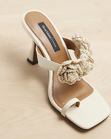 Cream crochet flower strap heeled sandals