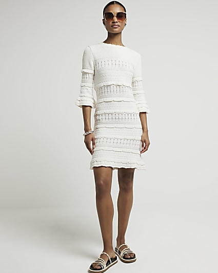 White crochet frill bodycon mini dress