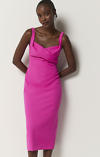 Pink ruched open back bodycon midi dress