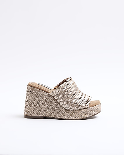 Bronze leather woven wedge sandals