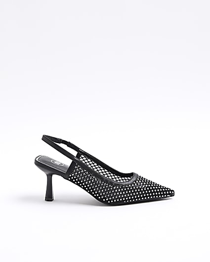 Black diamante mesh heeled court shoes