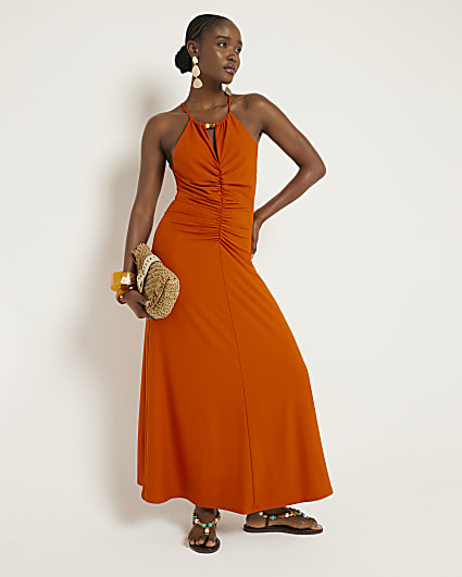 Rust ruched halter neck bodycon maxi dress