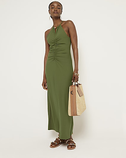 Green ruched halter neck bodycon maxi dress