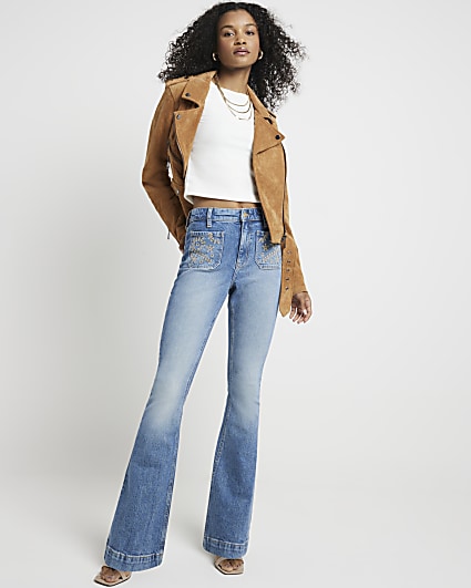 Blue high waisted embroidered flared jeans