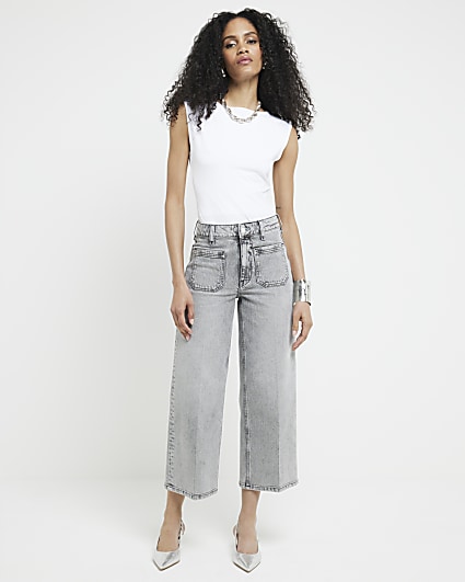 Grey high waisted cropped wide fit jeans