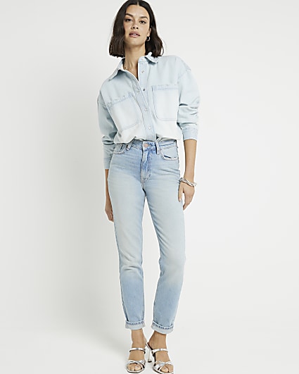 Blue high waisted whipstitch mom jeans