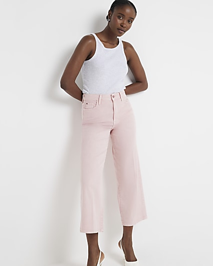 Pink high waisted wide leg cropped jeans