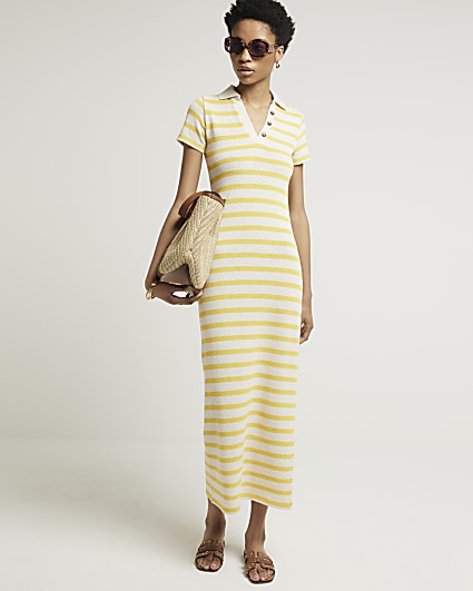 Yellow crochet stripe bodycon maxi dress