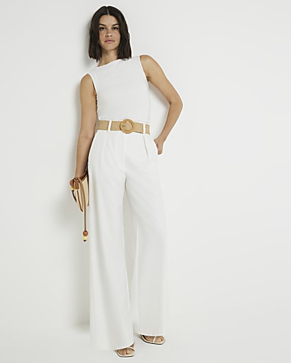 White belted wide leg trousers