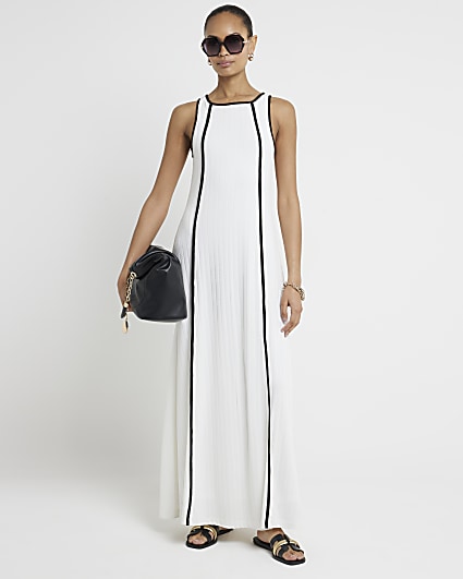 White ribbed taped swing maxi dress