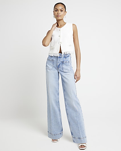 Blue high waisted flared wide leg jeans
