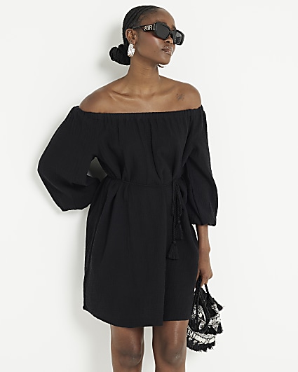 Black textured belted bardot mini dress
