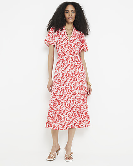 Red floral belted midi shirt dress