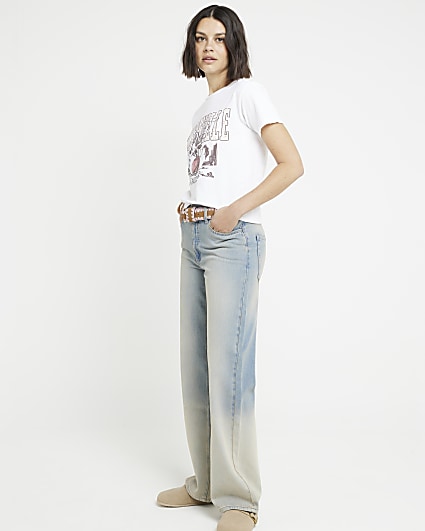 Blue mid rise relaxed straight faded jeans