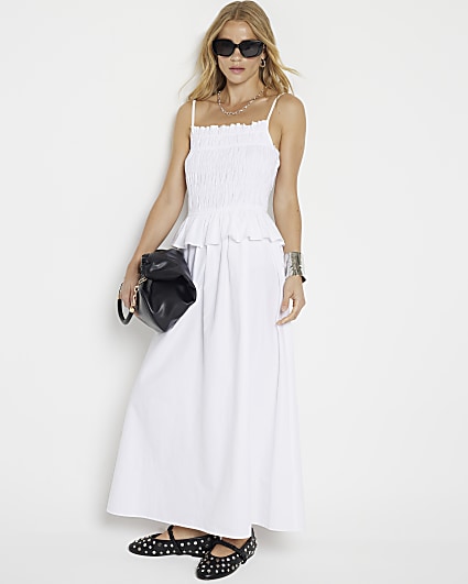 White Shirred Midi Dress
