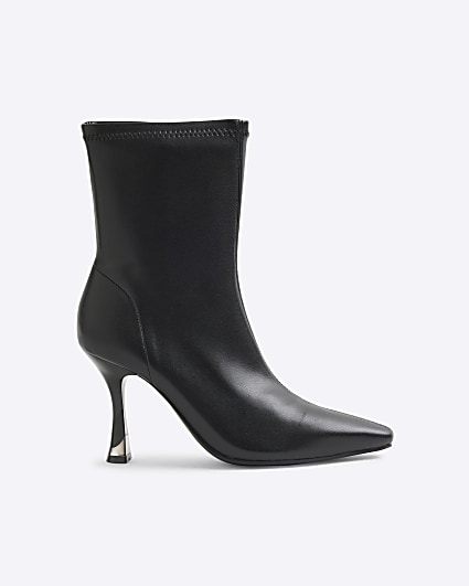 Black Faux Leather Heeled Sock Boots