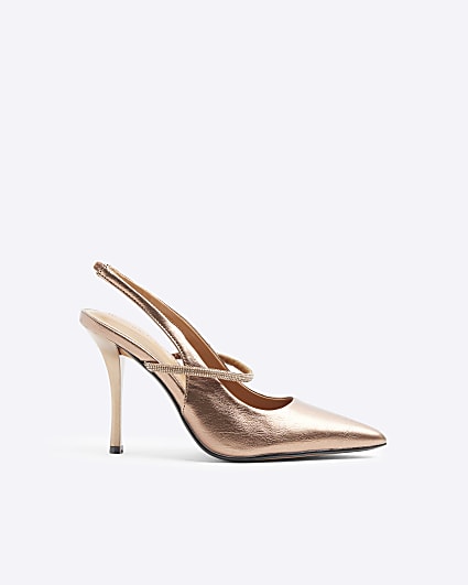Bronze embellished strap heeled court shoes