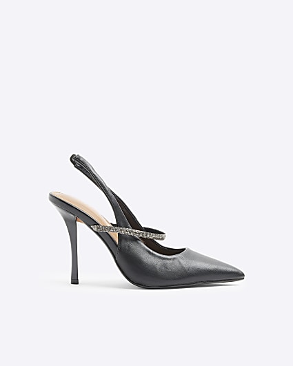 Black embellished strap heeled court shoes