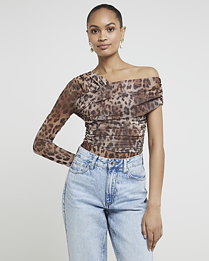 Brown mesh leopard print asymmetric bodysuit