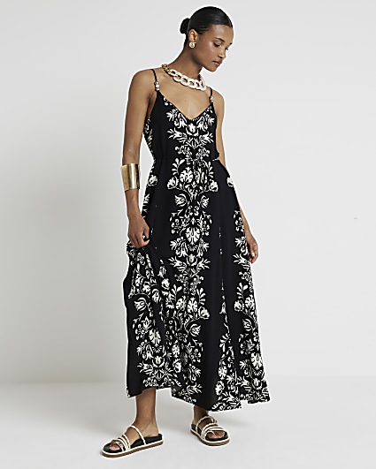 Black floral beaded swing maxi dress