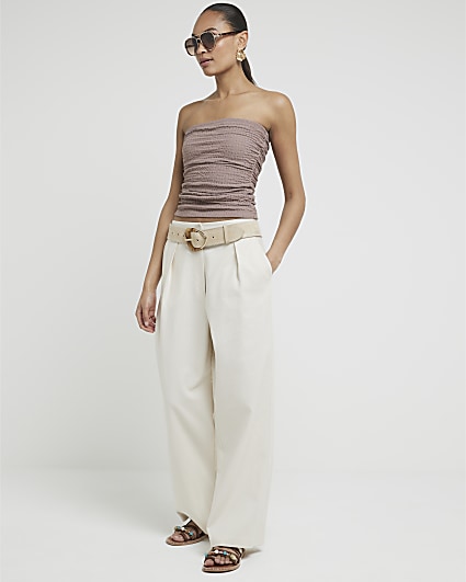 Brown Textured Ruched Tube Top