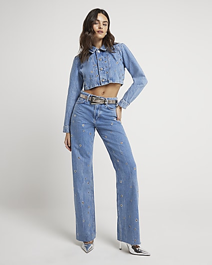 Blue relaxed straight eyelet jeans