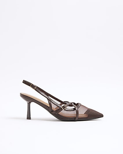 Brown Mesh Strappy Heeled Court Shoes