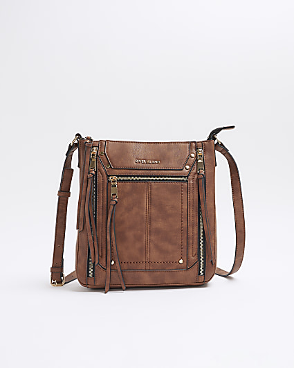 Brown Panelled Zip Cross Body Bag