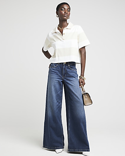 Blue mid rise wide leg elasticated jeans